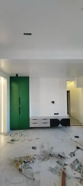 Living room with green cabinet and TV unit