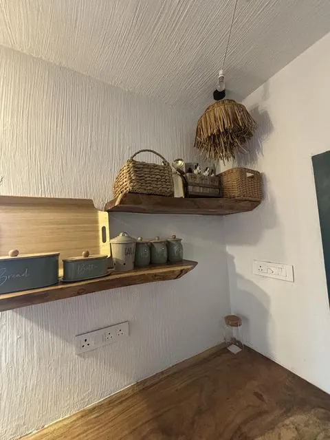 Kitchen corner with textured wall and shelves