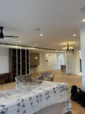 Spacious living room with chandelier